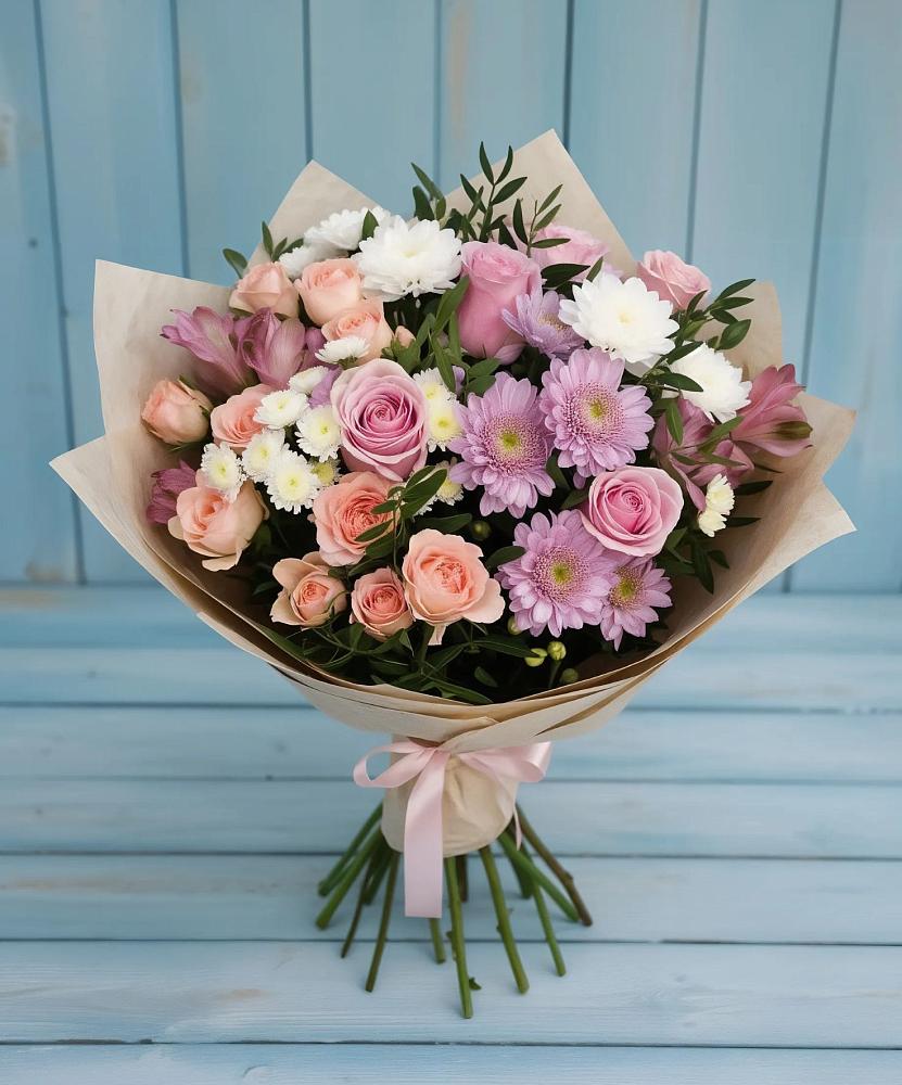 Букет цветов из: Хризантемы, Розы и Альстромерии в Цагане Амане