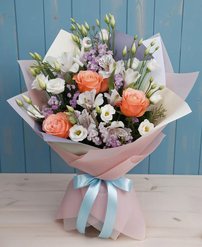 Букет цветов из: Лизиантусы, Розы, Альстромерии и Гипсофила в Цагане Амане