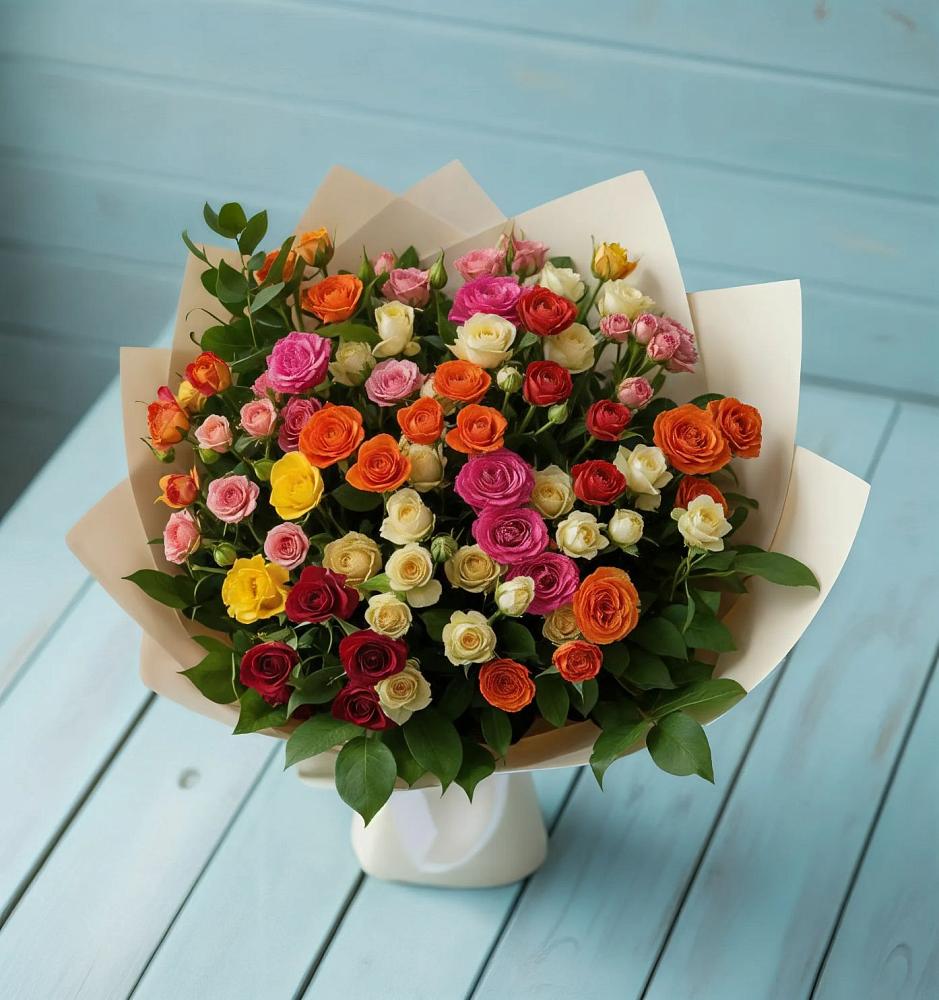 Букет Микс из разноцветных кустовых роз в Цагане Амане