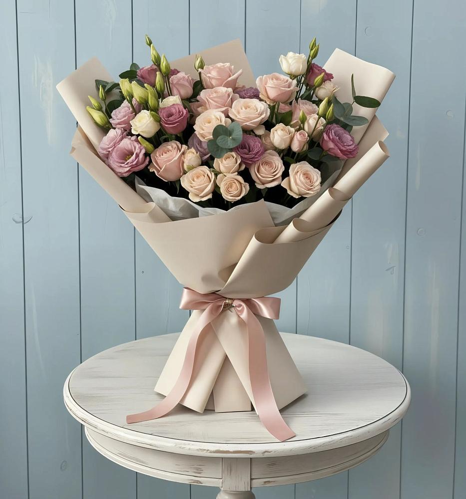 Букет цветов из: Розы и Лизиантусы в Цагане Амане