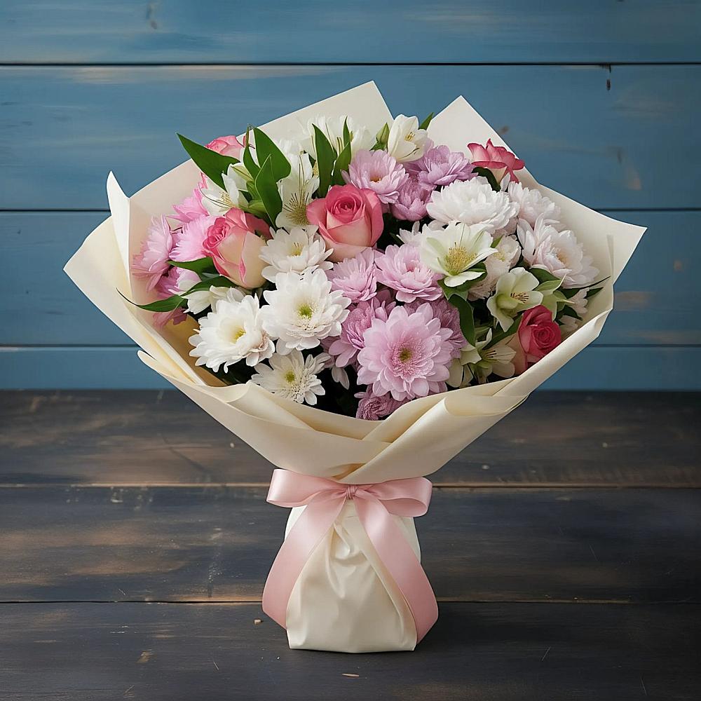 Букет цветов из: Хризантемы, Альстромерии и Розы в Цагане Амане